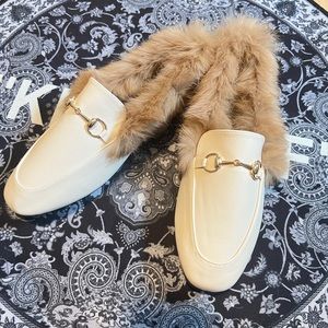 cute cream white fur flats